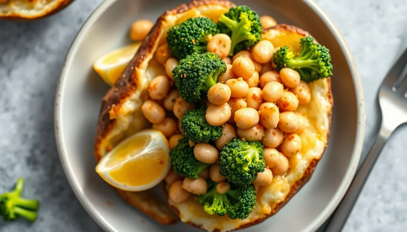Baked potato topped with broccoli and white beans with lemon wedges on the side