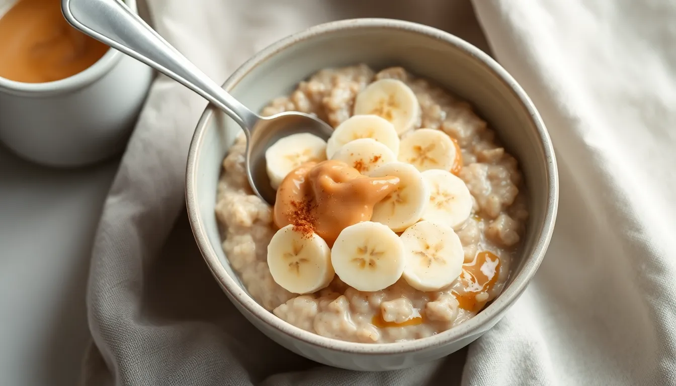 Banana peanut oatmeal topped with banana slices and peanut butter