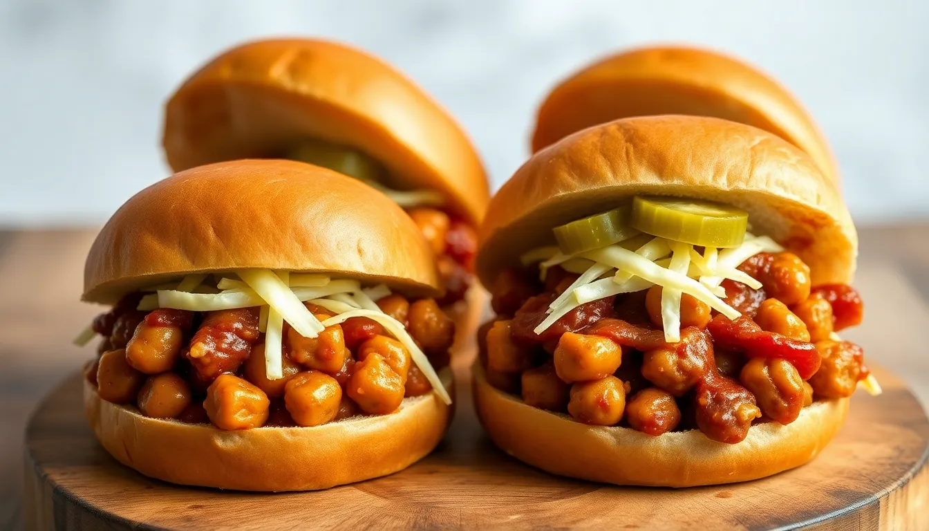 BBQ chickpea sandwiches on buns with shredded cabbage and pickles