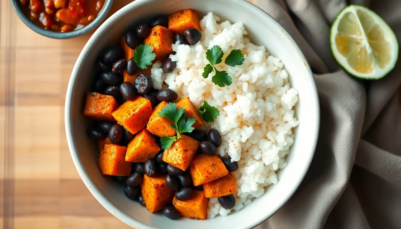 Black bean sweet potato bowl with rice, roasted sweet potatoes, black beans, and cilantro