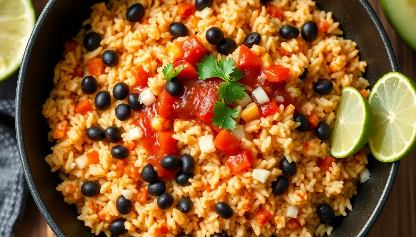 Black bean taco rice skillet with salsa, black beans, cilantro, and lime wedges