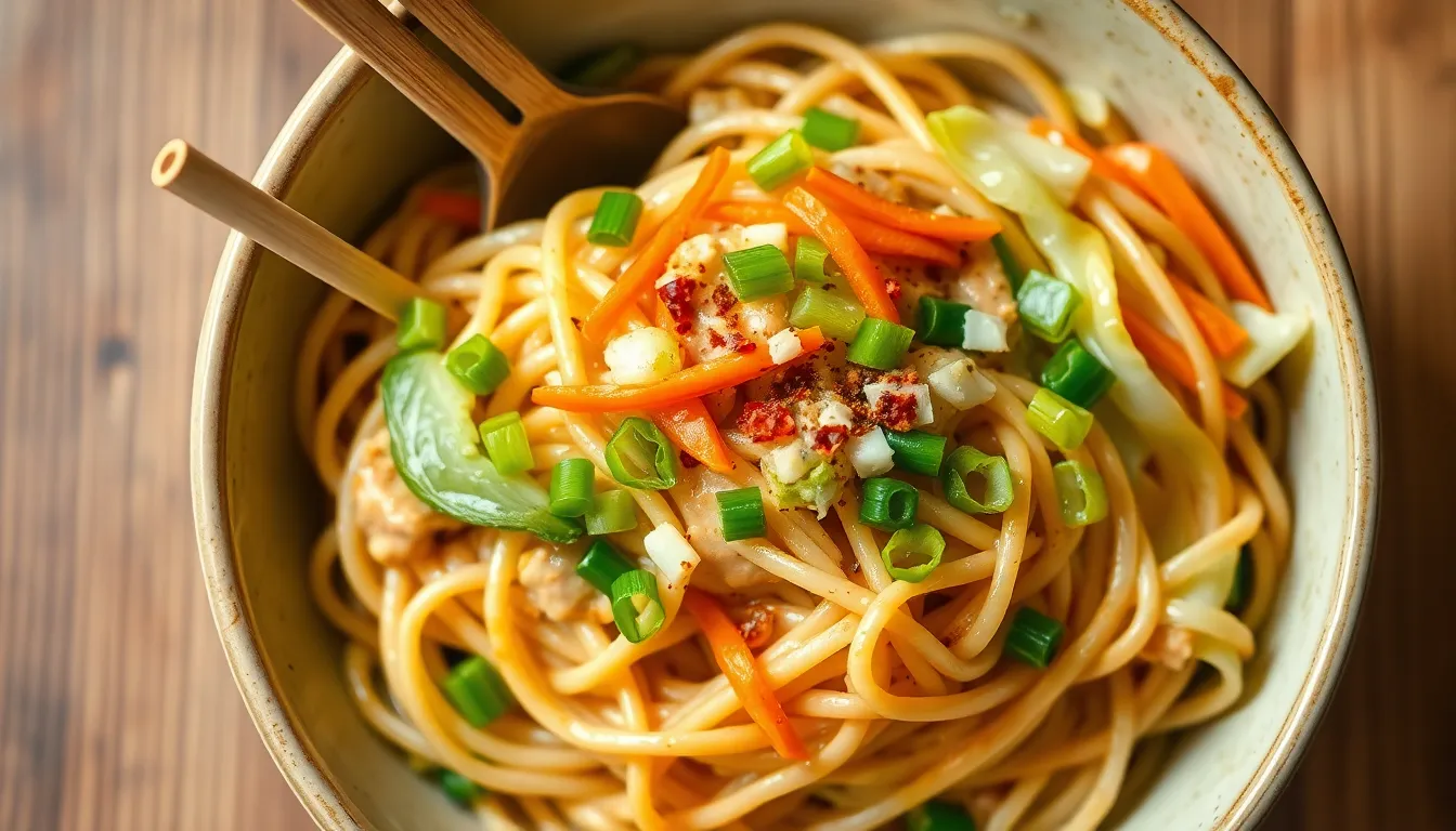 Cabbage peanut noodles in a bowl topped with shredded carrots and green onions