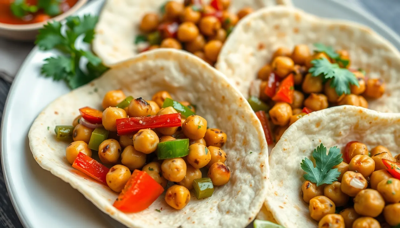 Chickpea fajitas in tortillas with peppers, onions, and cilantro