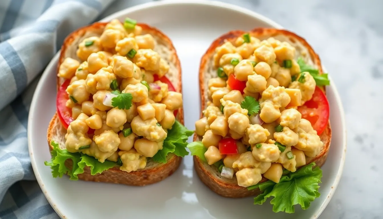 Chickpea salad sandwiches on bread with lettuce and tomato