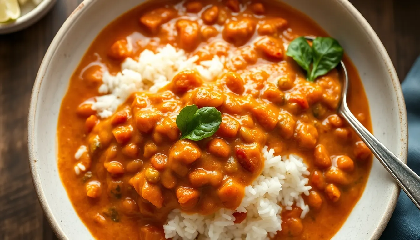 Coconut red lentil curry served over white rice in a creamy orange sauce