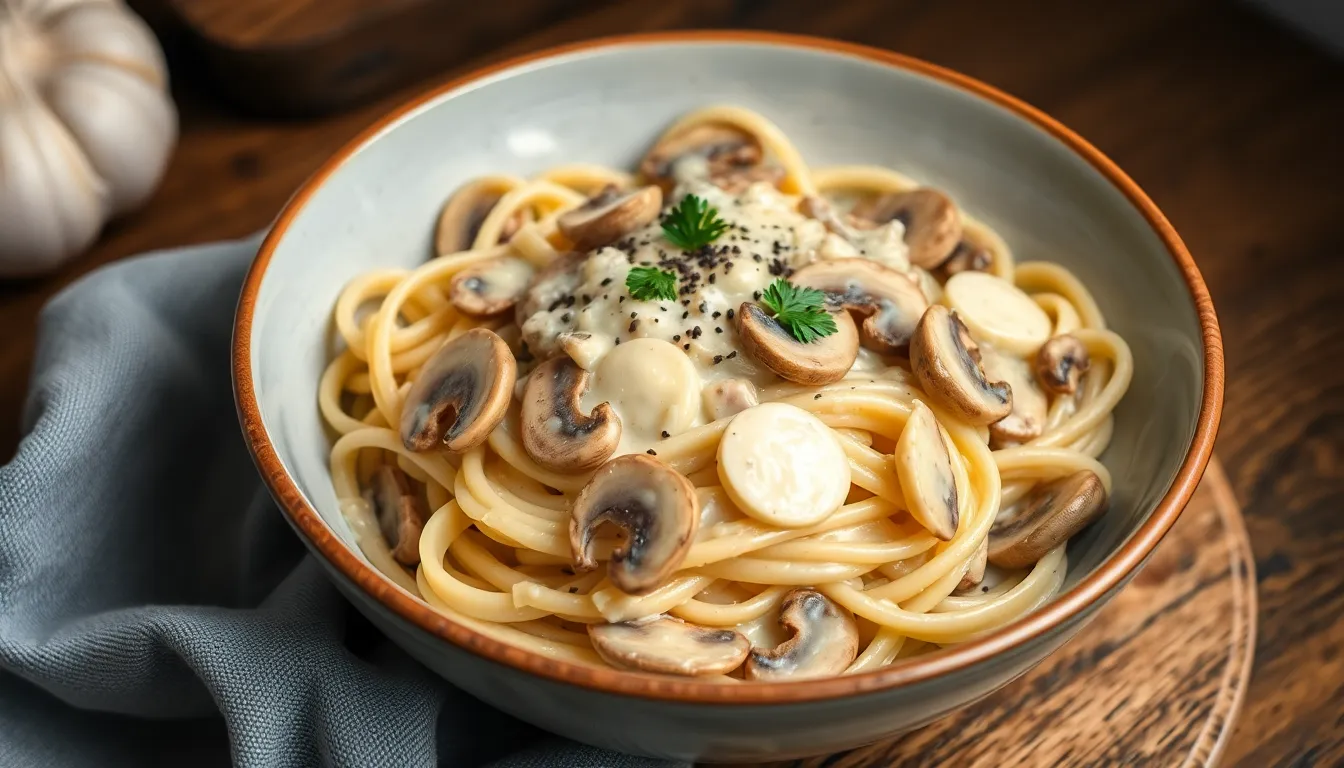 Creamy garlic mushroom pasta in a bowl with sliced mushrooms and parsley