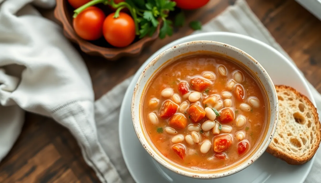 Creamy tomato white bean soup in a bowl with white beans, tomatoes, and bread on the side