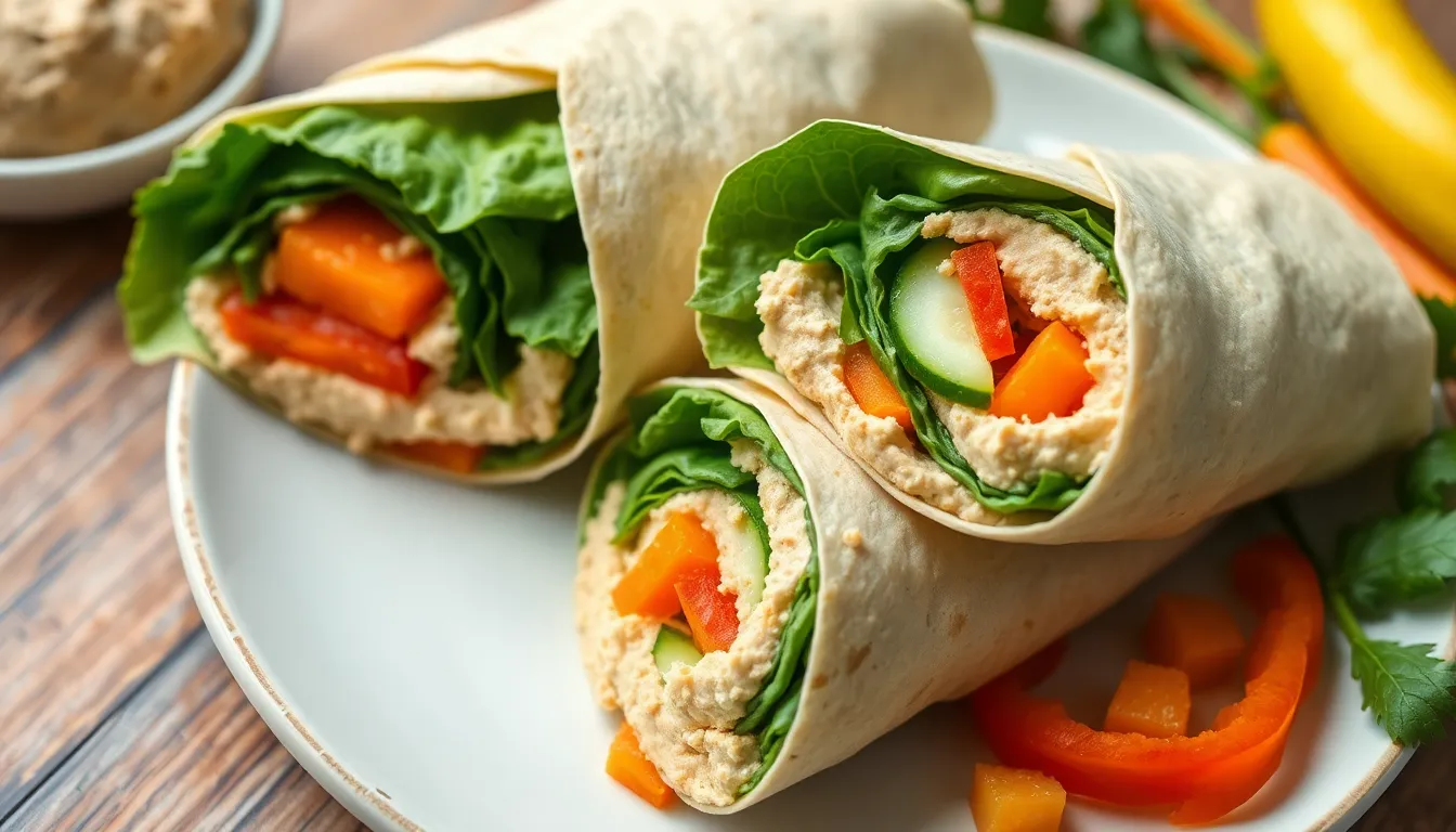Hummus wraps sliced in half with lettuce, cucumber, carrot, and bell pepper
