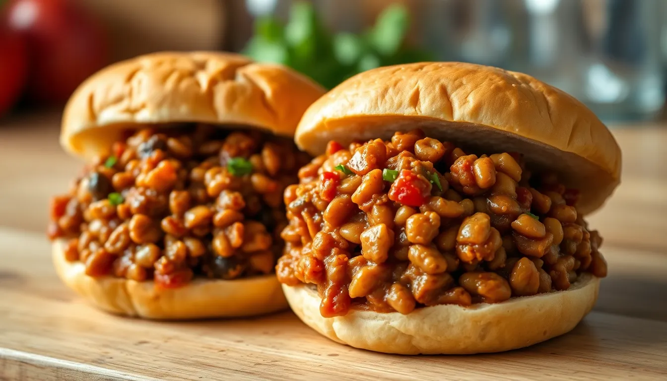Lentil sloppy joes on sandwich buns with savory tomato-based filling