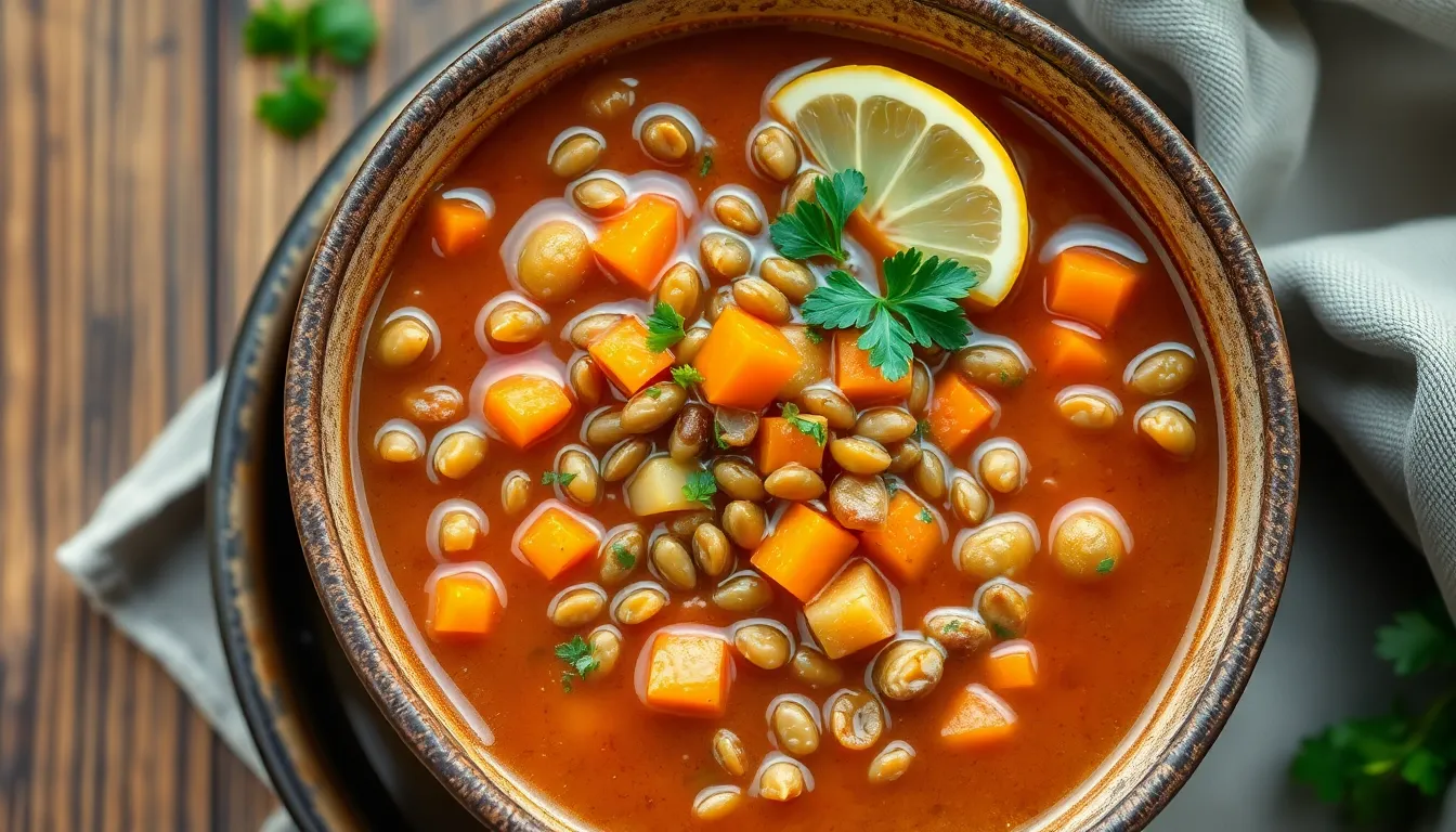 Lentil soup in a bowl with carrots, lentils, parsley, and a lemon slice