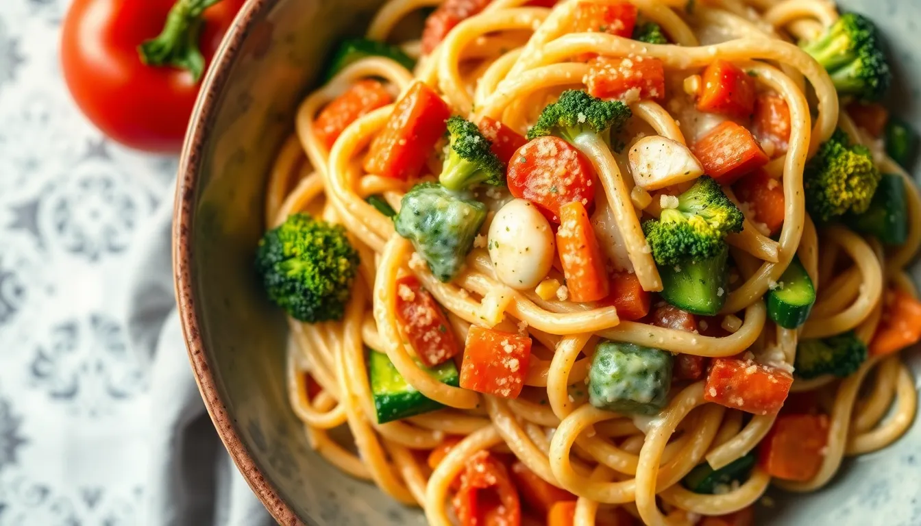 Pasta primavera in a bowl with broccoli, zucchini, carrots, and a light creamy sauce