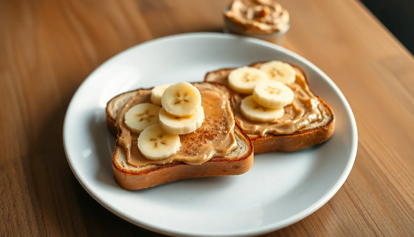 Peanut butter banana toast on a plate with banana slices and cinnamon