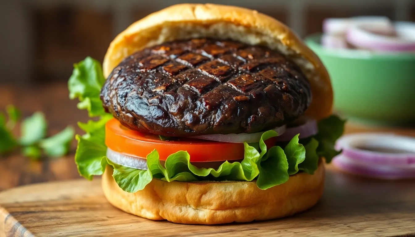 Portobello mushroom burger with a whole grilled mushroom cap, lettuce, tomato, and onion on a bun