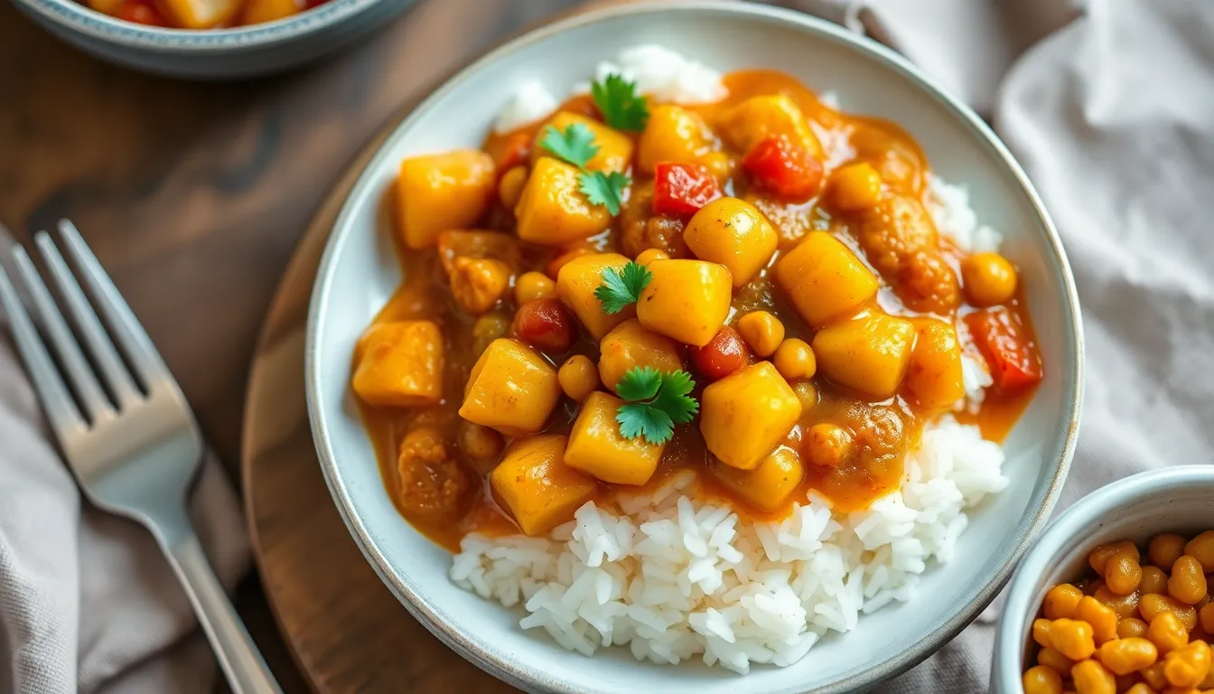 Potato chickpea curry served over white rice with visible potato chunks and chickpeas