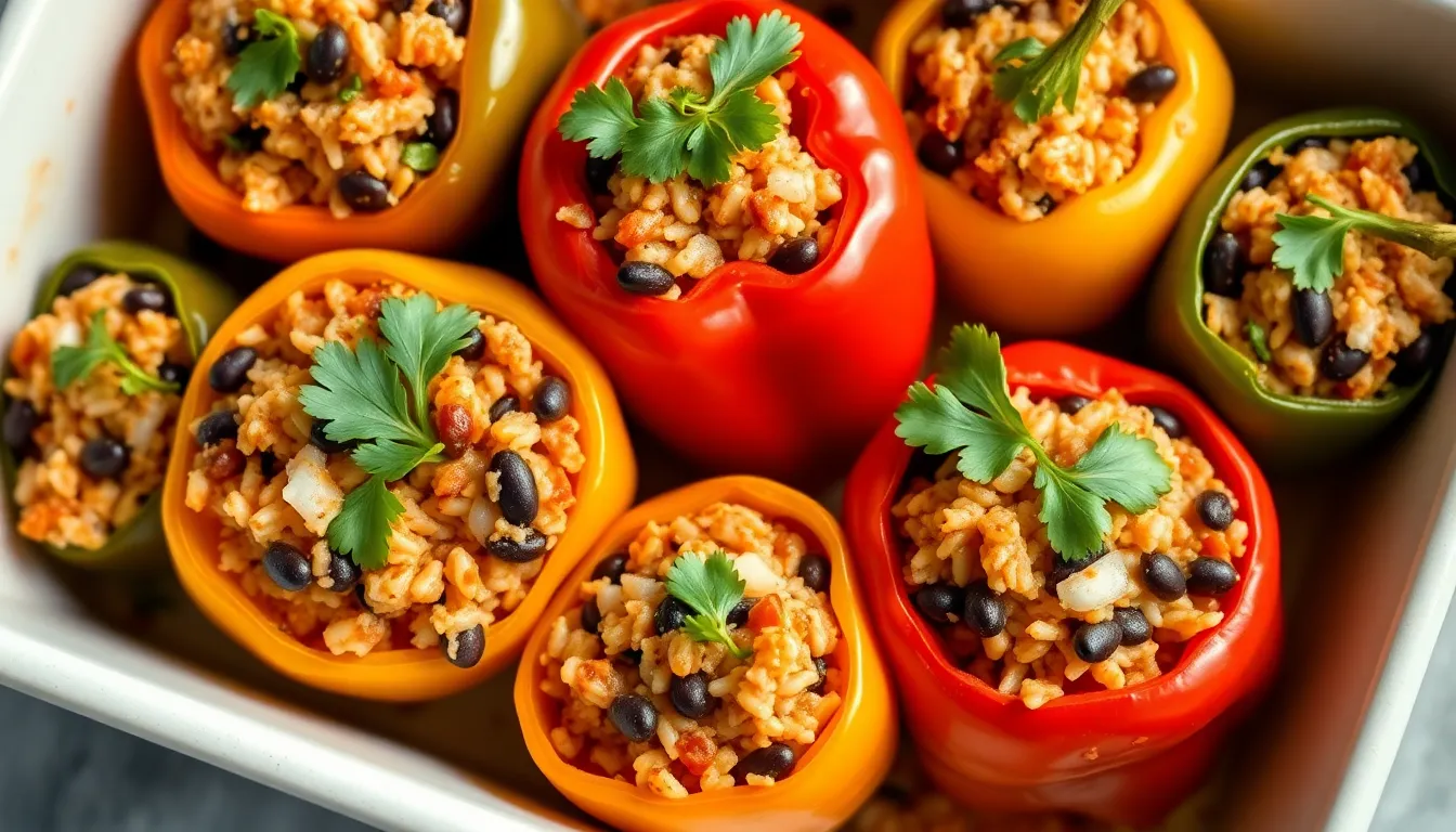 Stuffed bell peppers filled with rice and black beans and topped with cilantro