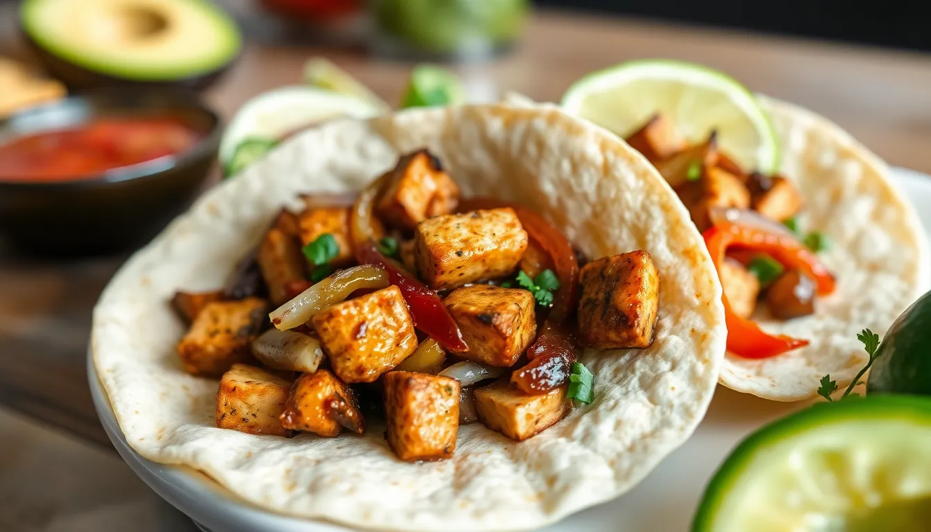 Tofu fajitas in tortillas with tofu cubes, peppers, and onions