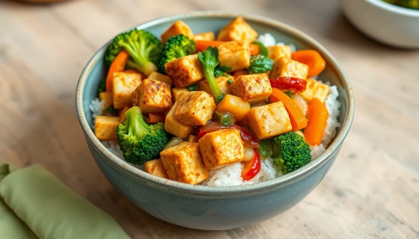 Tofu stir-fry over rice with broccoli, carrots, peppers, and tofu cubes