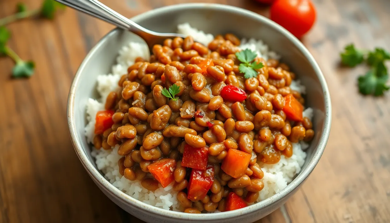 Tomato garlic lentils served over white rice with visible tomatoes and parsley