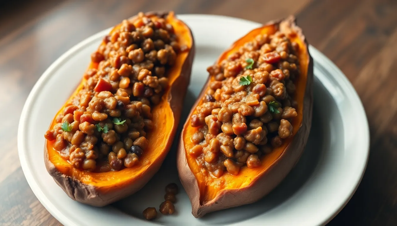 Sweet potatoes stuffed with savory vegan sloppy joe lentil filling