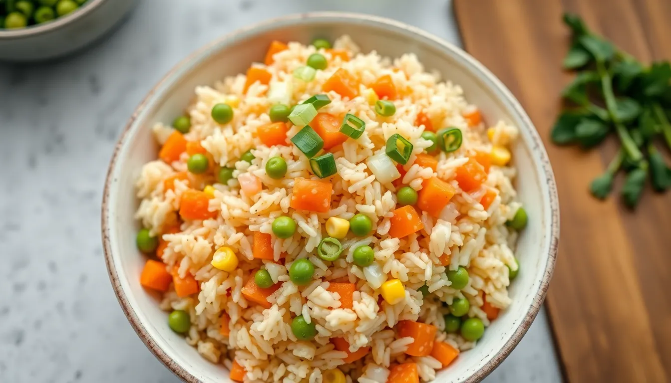 Veggie fried rice in a bowl with peas, carrots, corn, and green onions