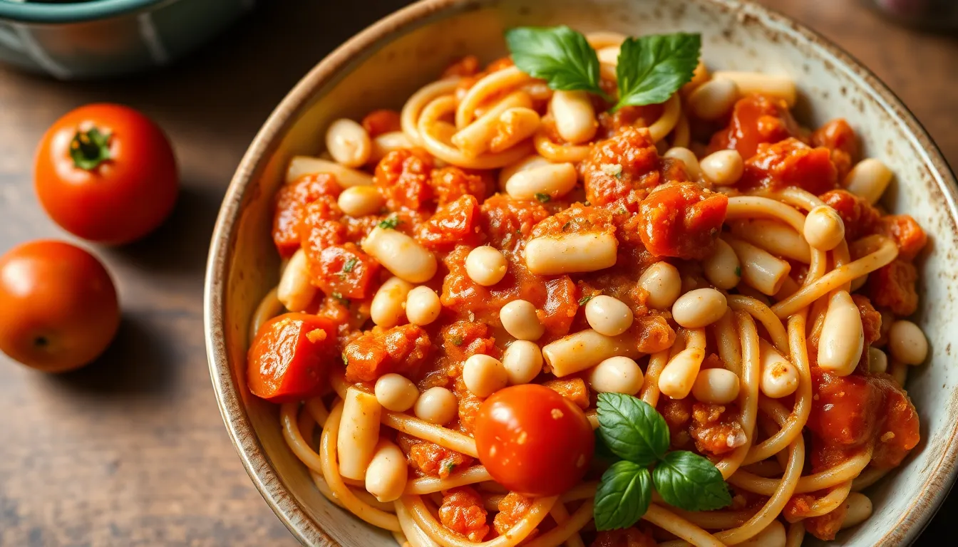 White bean tomato pasta in a bowl with white beans, tomato sauce, and basil